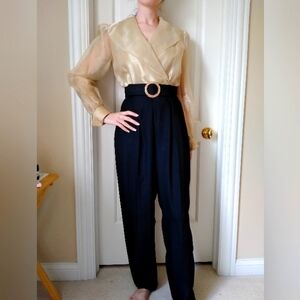 Sheer Blouse & Black Pants Jumpsuit Size 6 Champagne & Black Long Sleeves